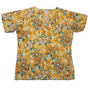 Uniform Advantage Scrub Top Womens S Yellow Floral Short Sleeve V Neck Pockets
